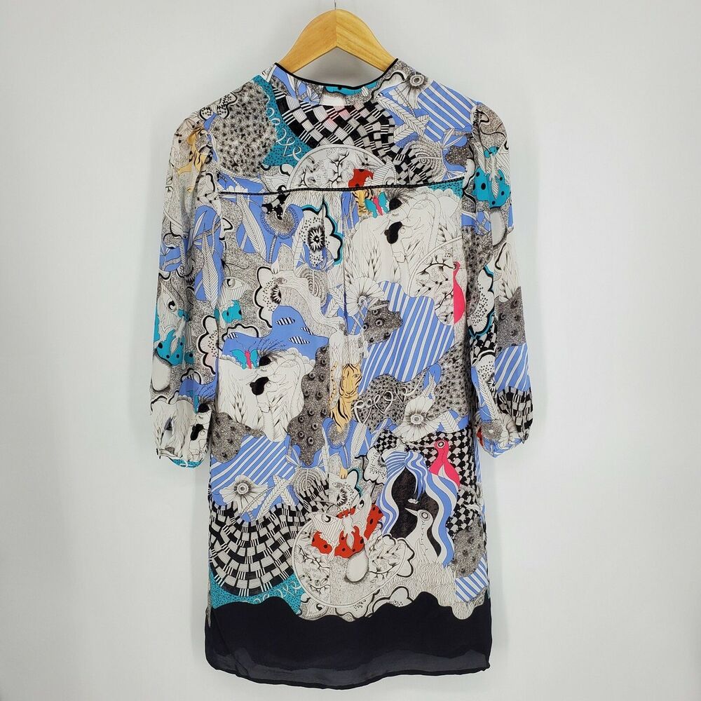 Anthropologie Drawing By Florence Balducci Silk Dress Floral Animals Size XS - Picture 3 of 5